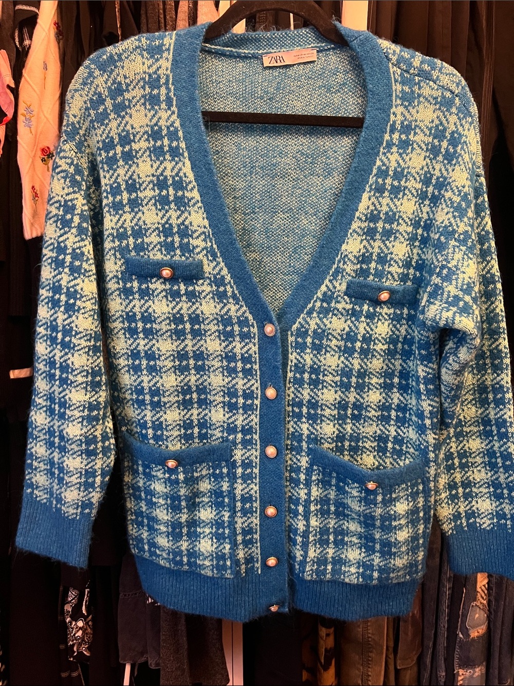 Zara Blue and Cream Plaid Button Cardigan